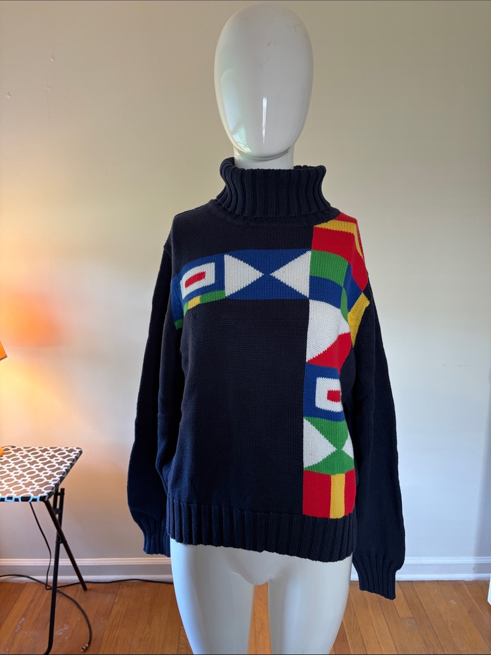 Navy Turtleneck Sweater with Colorful Geometric Panels